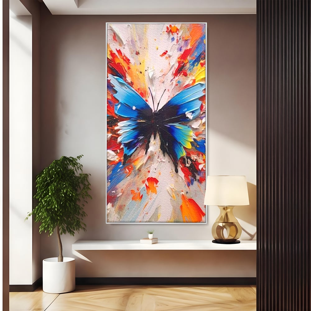 Tablou canvas cu tablou canvas cu fluture albastru, in rama de aluminiu argintiu